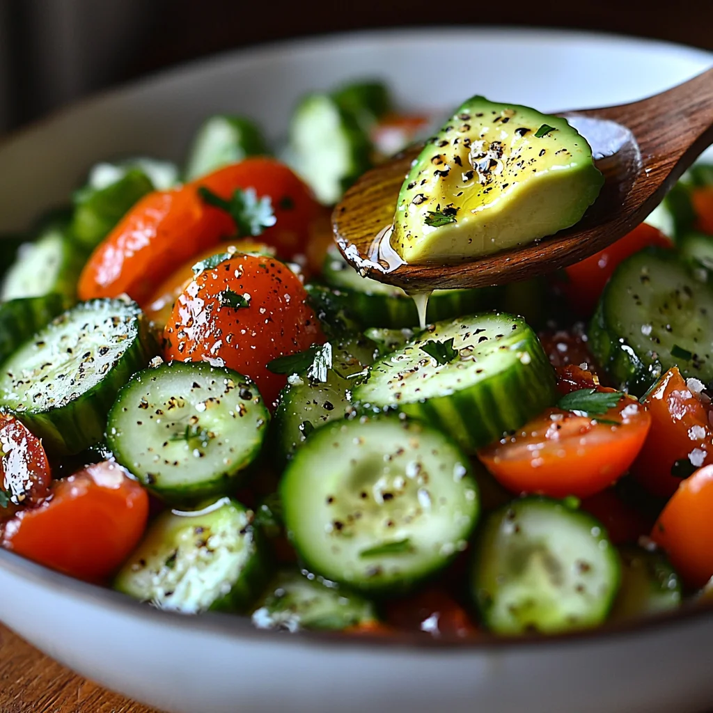 Fresh cucumber tomato avocado salad with creamy dressing in white ceramic bowl, colorful vegetables glistening