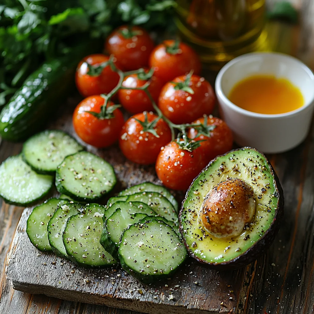 Fresh cucumber tomato avocado salad ingredients with glossy olive oil dressing and herbs in white ceramic bowl