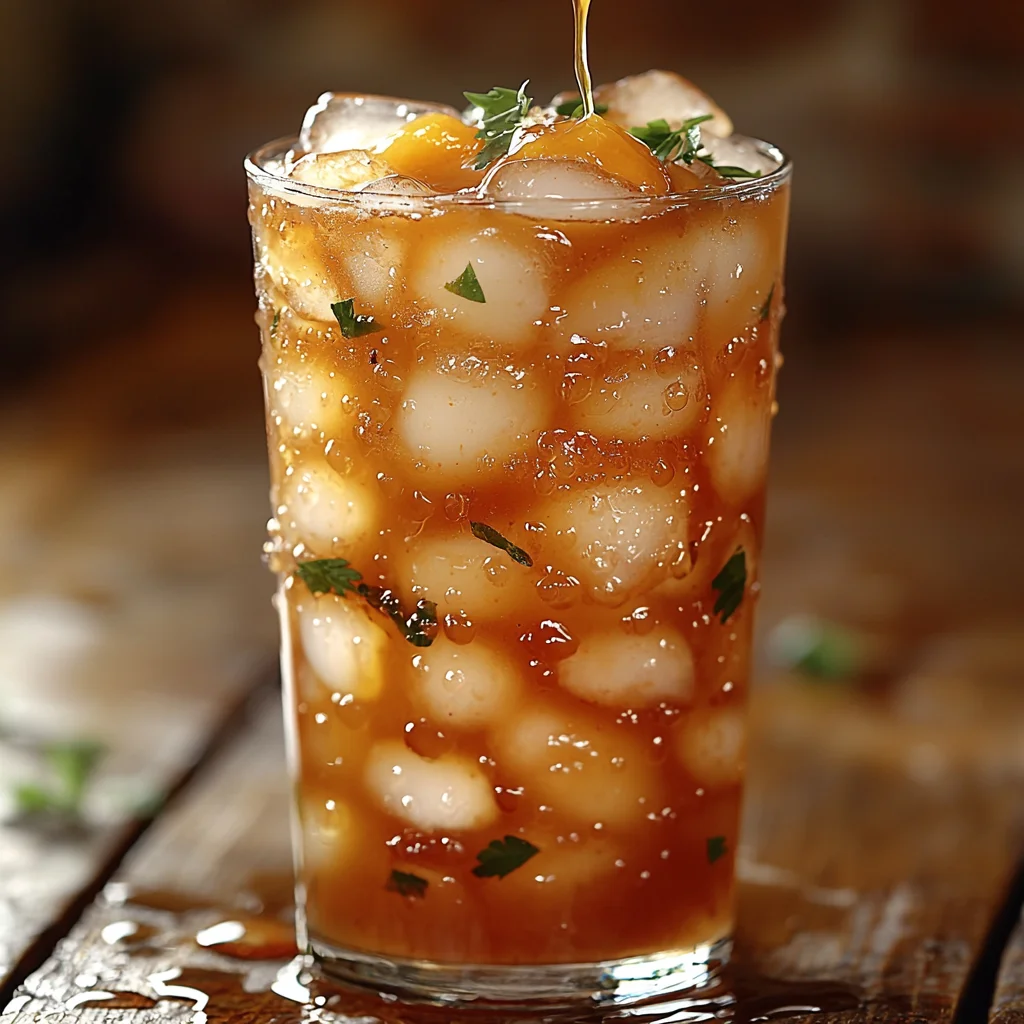 Refreshing peach iced tea in tall glass with ice cubes, golden amber color, fresh peach slices floating on top