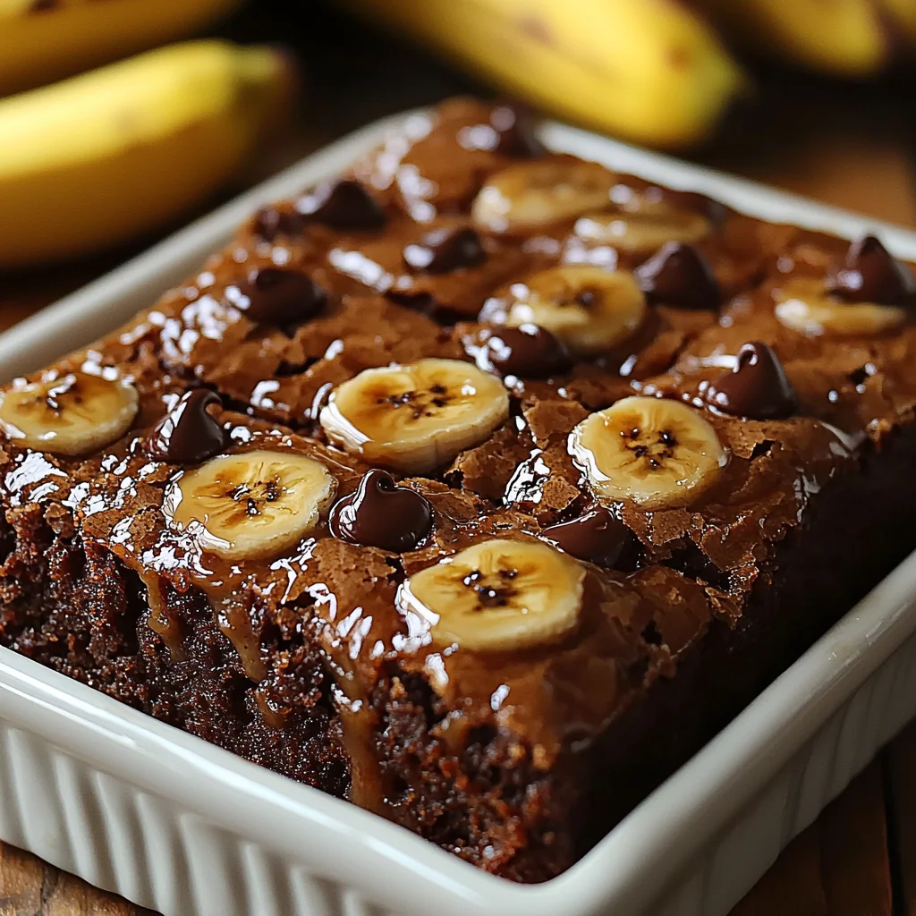 closeup of easy banana bread brownies with creamy frosting, golden edges, and fresh banana slices on top