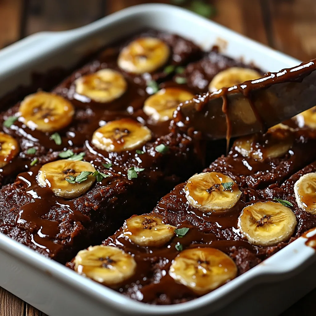moist banana bread brownies with chocolate drizzle on a white ceramic plate, fresh banana slices on top