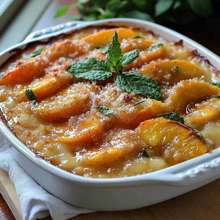 golden brown sugar peach cake with caramelized edges and juicy peach slices in a white ceramic dish
