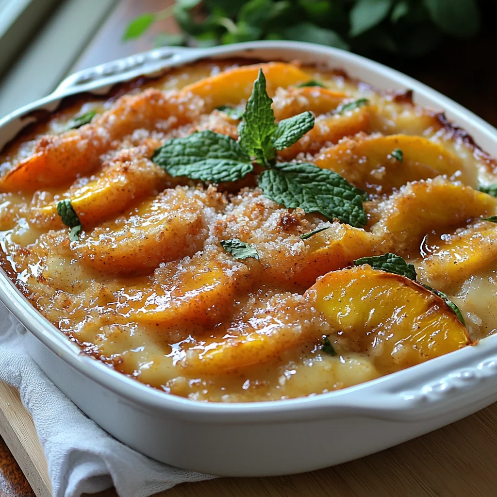 golden brown sugar peach cake with caramelized edges and juicy peach slices in a white ceramic dish