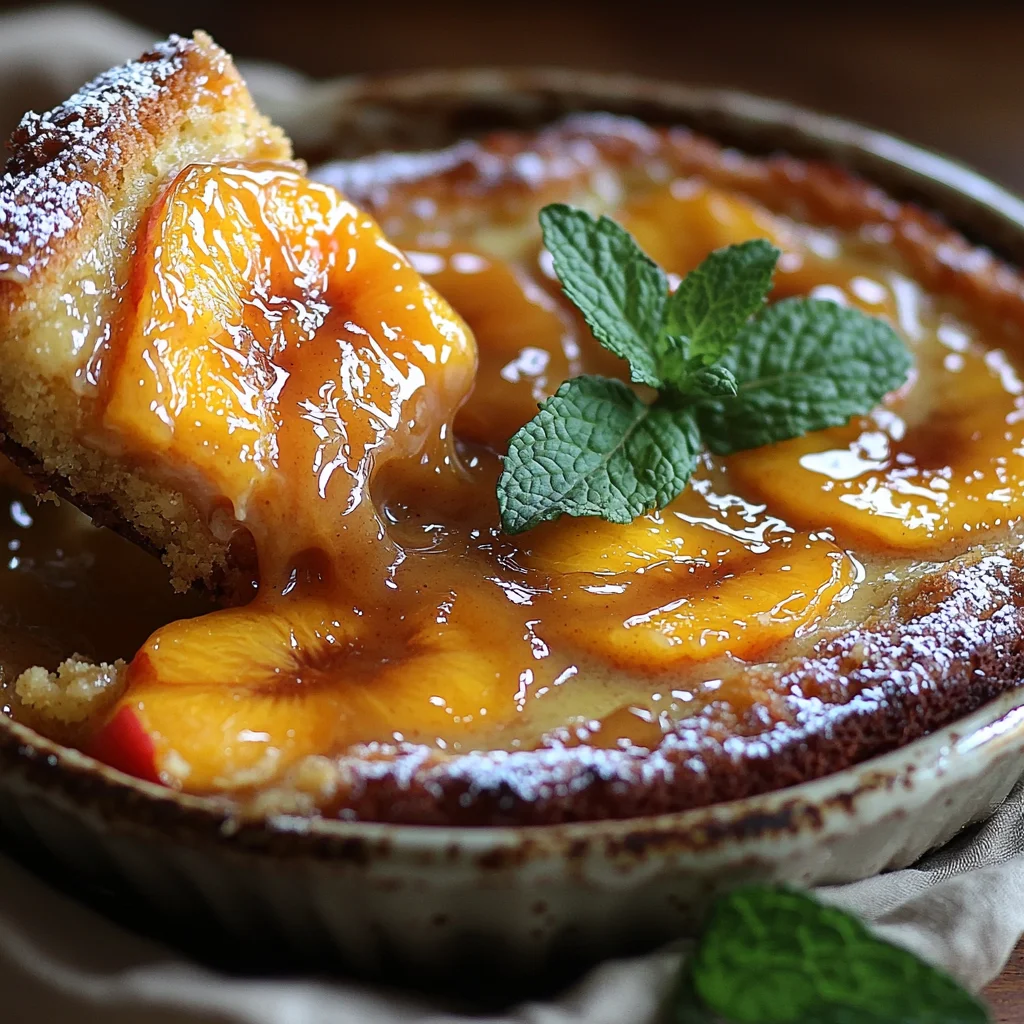 warm slice of easy brown sugar peach cake with golden crust, juicy peaches, and glossy caramelized topping