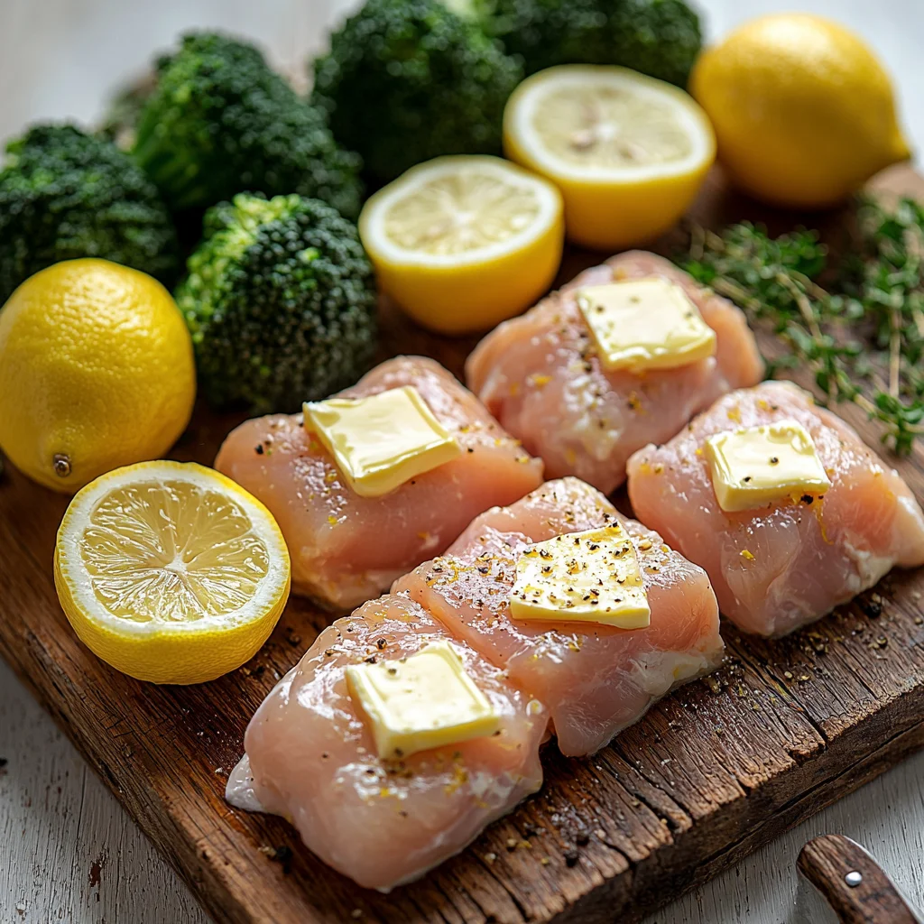 fresh broccoli florets and lemon slices arranged around chicken breasts in a white ceramic dish for cowboy butter lemon chick