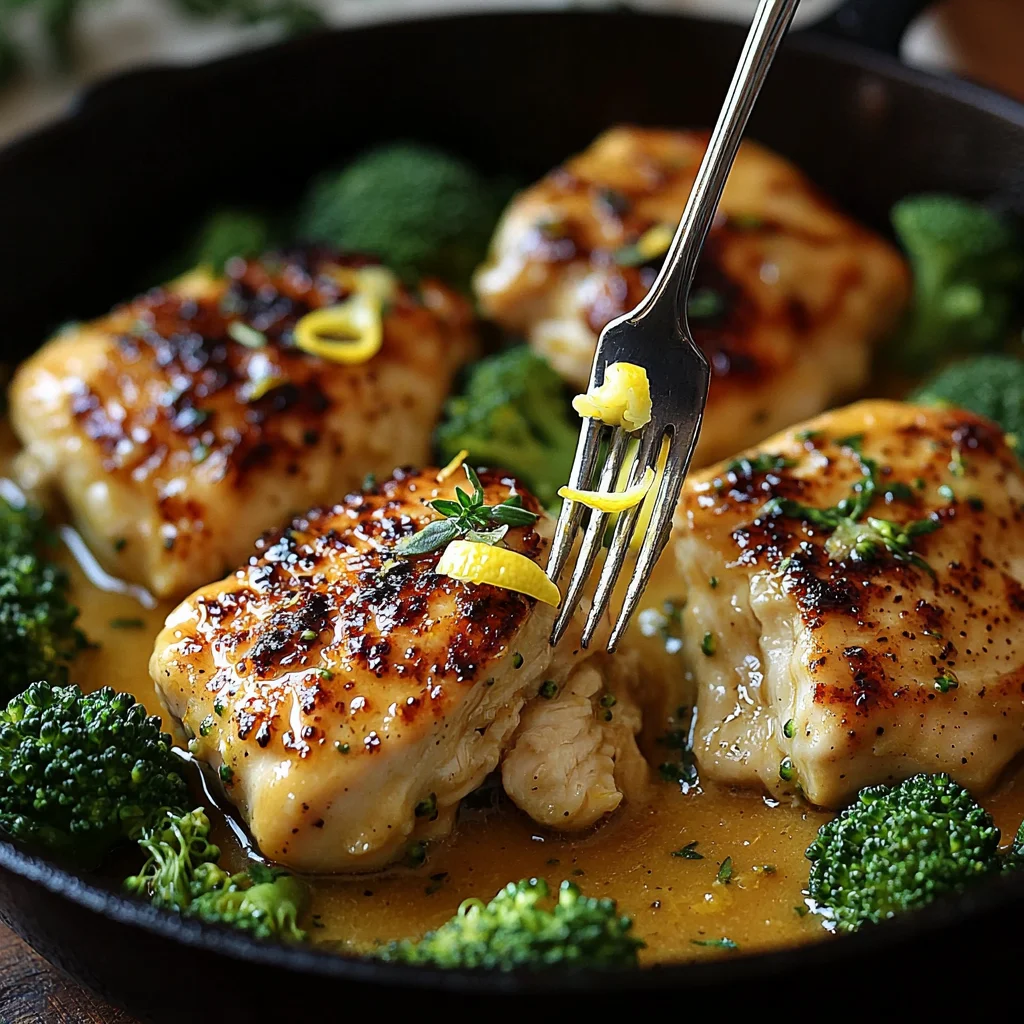 Easy Cowboy Butter Lemon Chicken & Broccoli served in a white ceramic dish with glossy golden sauce and fresh herbs