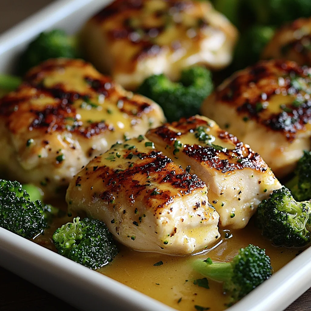 closeup of cowboy butter lemon chicken and broccoli in a creamy glossy sauce with golden roasted edges and fresh herbs