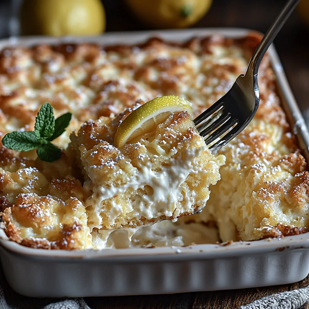 golden lemon cream cheese dump cake with creamy glaze dripping down the sides in a white ceramic dish