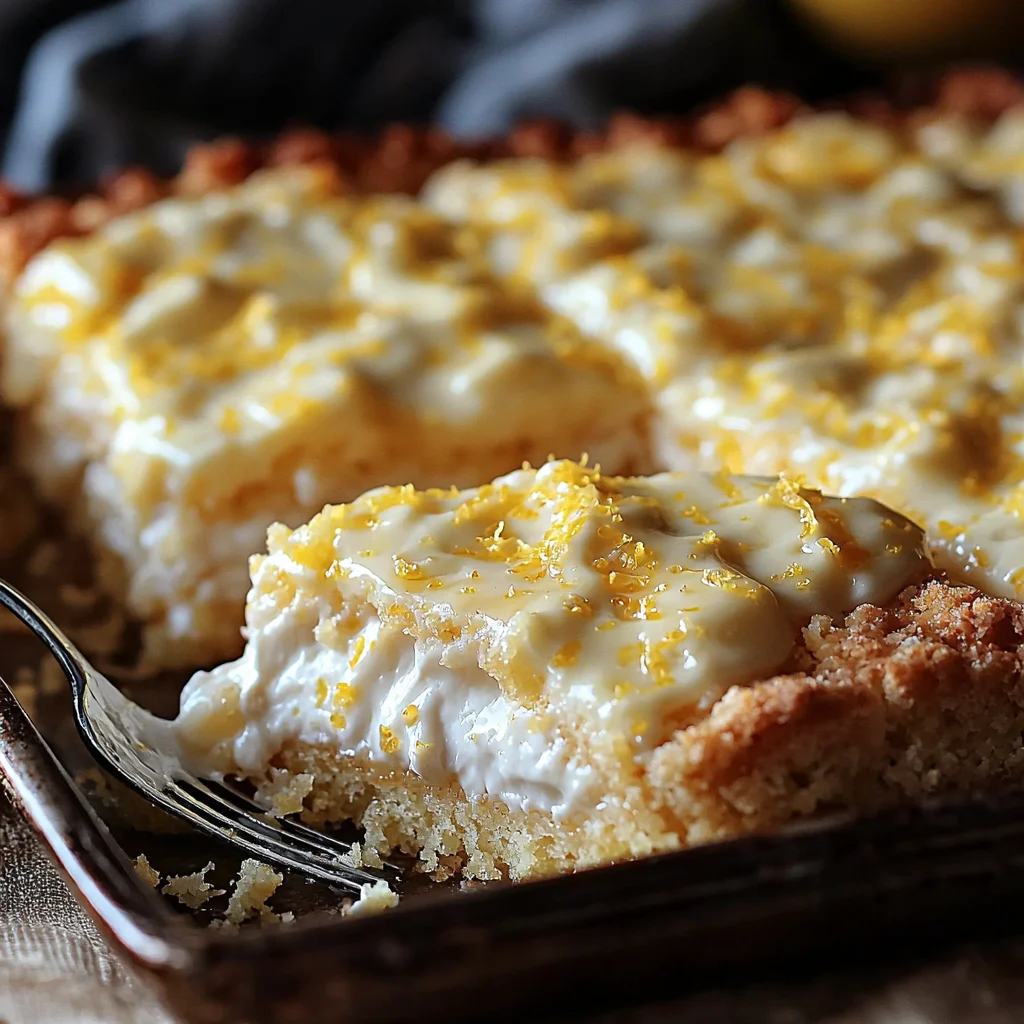 golden lemon cream cheese dump cake with crispy edges and creamy filling in white ceramic dish