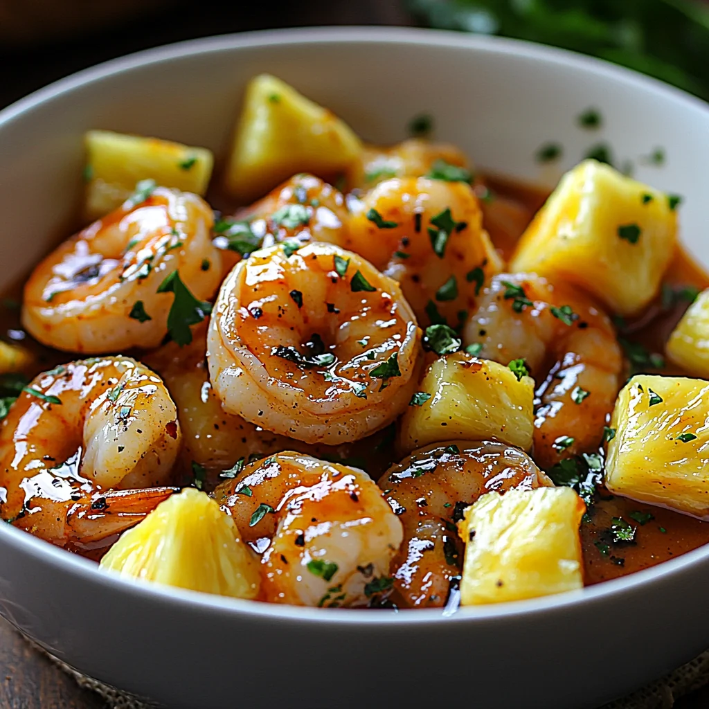 closeup of sweet chili pineapple shrimp with glossy sauce coating tender shrimp and pineapple chunks