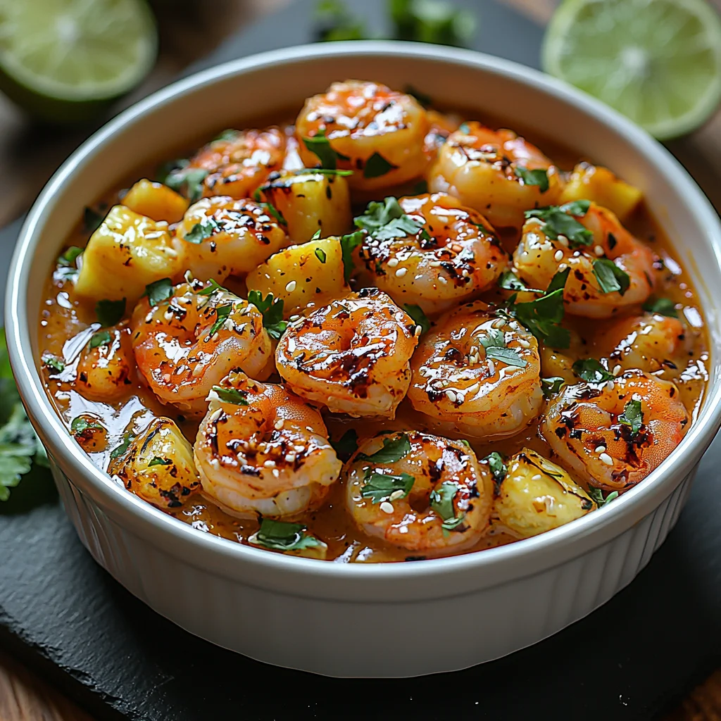 Easy Sweet Chili Pineapple Shrimp in a white ceramic dish, coated in glossy sauce with golden roasted edges and fresh herbs