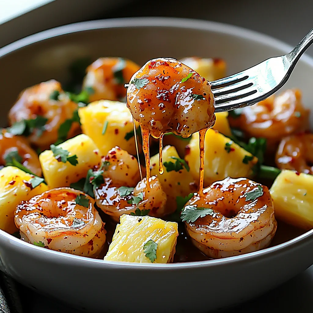 glazed sweet chili pineapple shrimp with sticky sauce in white ceramic dish, garnished with green onions