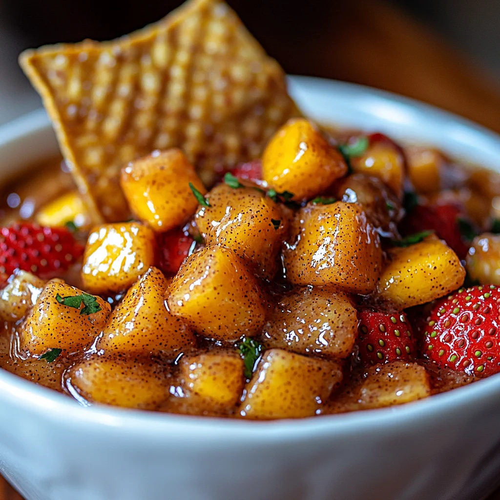 colorful fruit salsa with mango and strawberries in white bowl next to crispy cinnamon sugar tortilla chips on wooden board