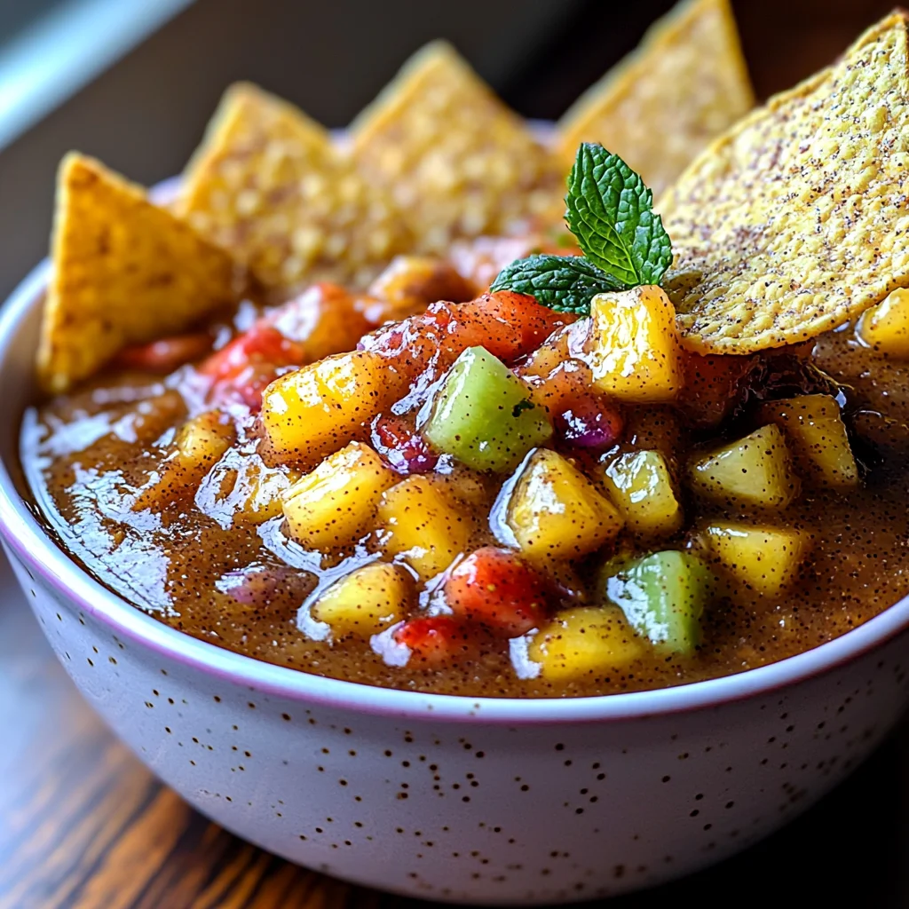 fruit salsa with cinnamon sugar tortilla chips served in a white ceramic dish, vibrant colors and glossy texture