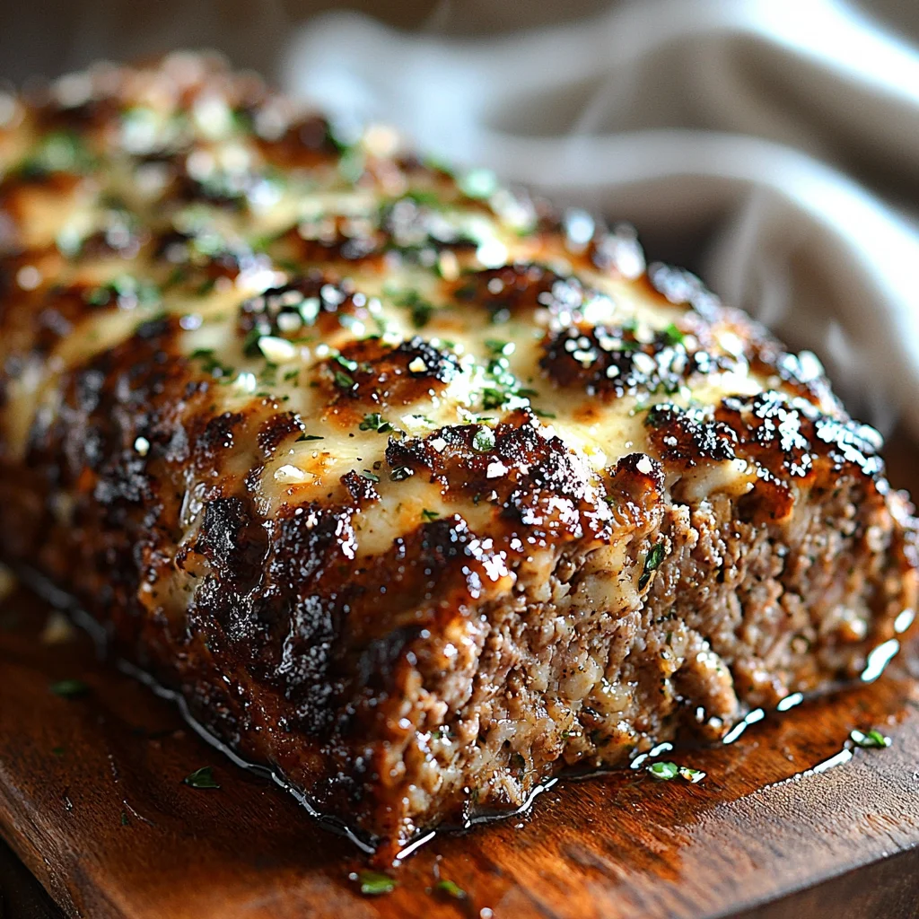 garlic parmesan meatloaf with golden crust and creamy sauce dripping down the sides, served in white ceramic dish