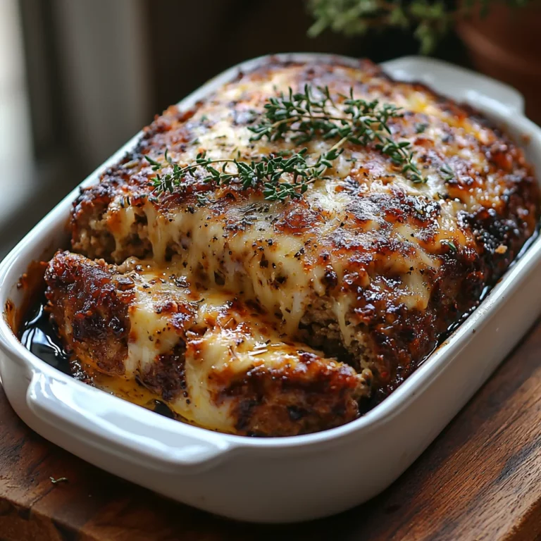 golden garlic parmesan meatloaf with crispy edges and creamy sauce drizzled over mashed potatoes