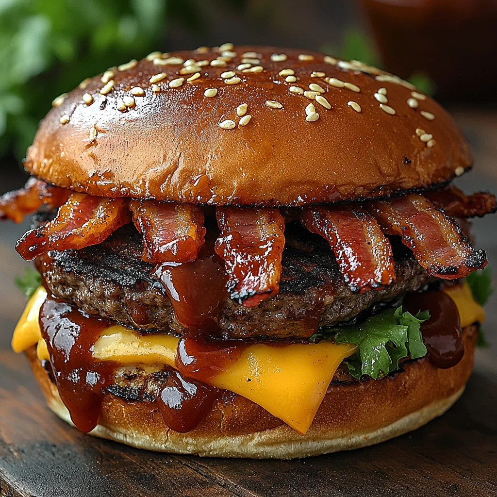 Closeup of Grilled BBQ Bacon Burgers with creamy BBQ sauce and golden crispy edges