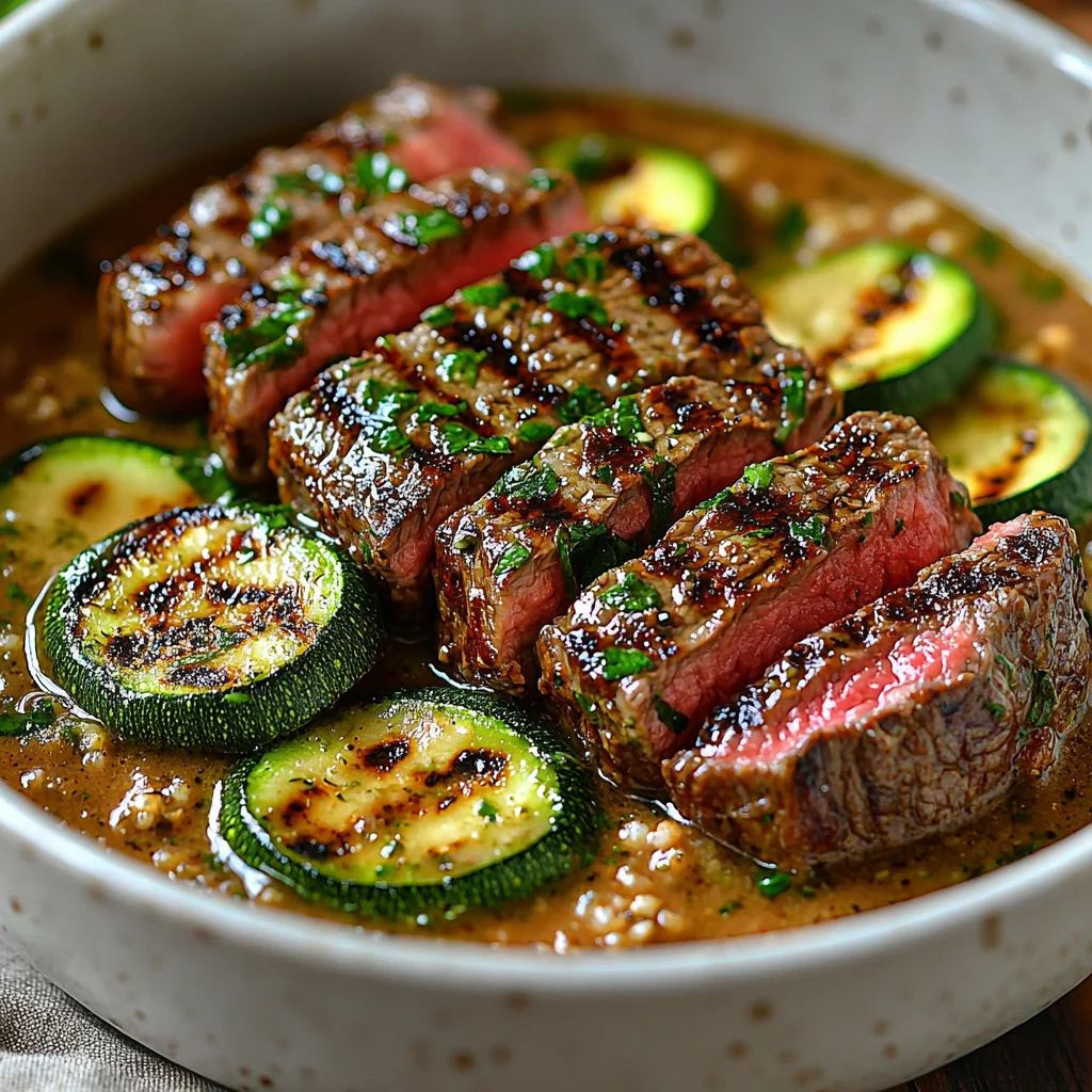 grilled steak bowl with zucchini featuring tender steak slices, roasted zucchini, and creamy sauce drizzled over golden potat