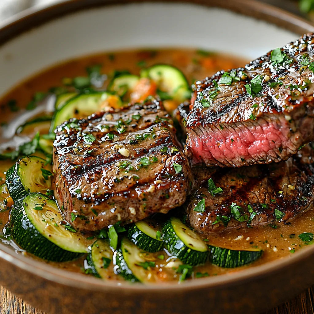 juicy grilled steak bowl with charred zucchini, creamy sauce, and fresh herbs arranged in a white ceramic dish