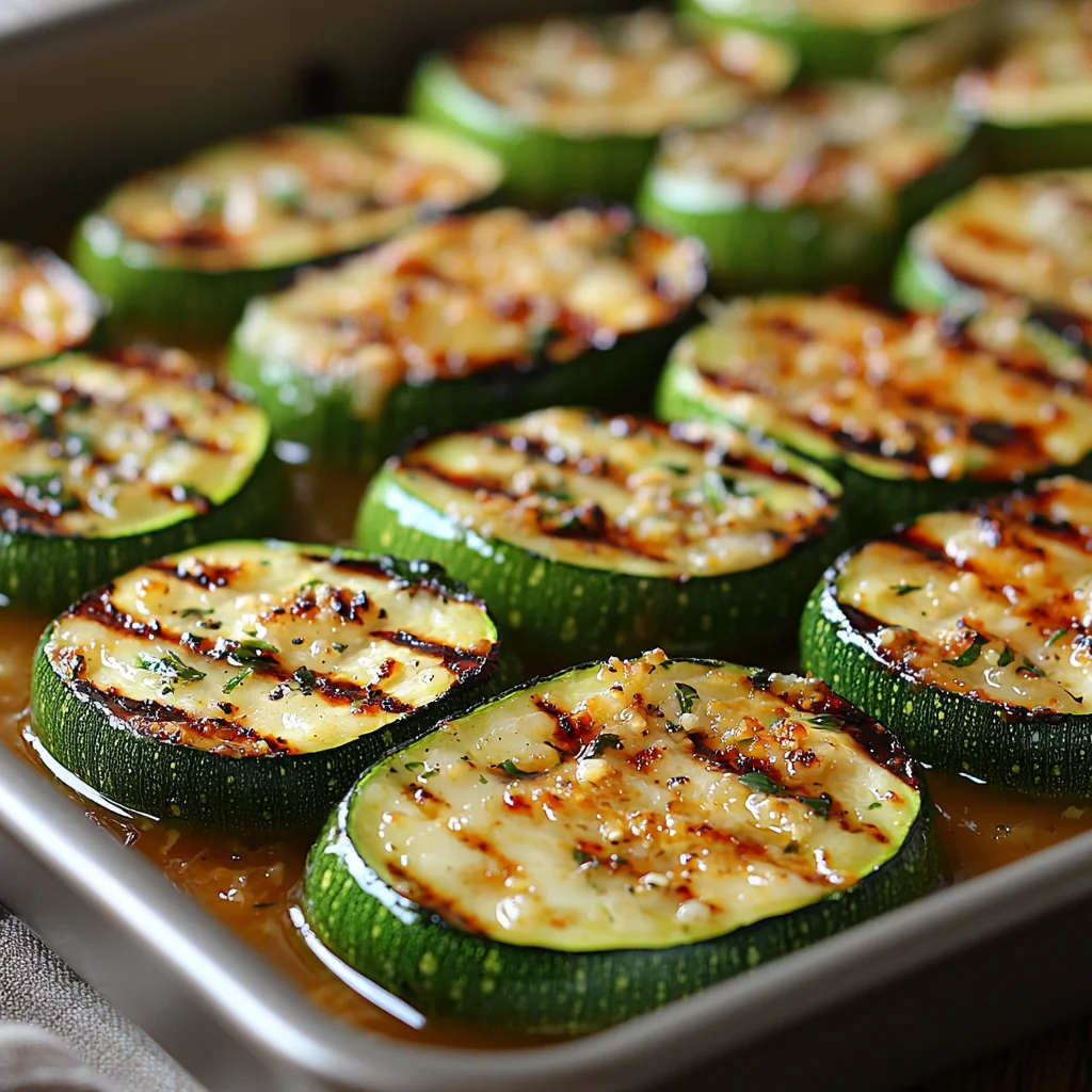 Closeup of grilled zucchini topped with melted Parmesan, golden edges, and fresh herbs in a ceramic dish