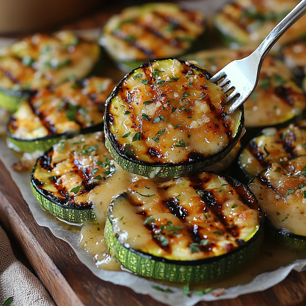 Grilled Zucchini with Parmesan served in a white ceramic dish with golden edges and fresh herbs