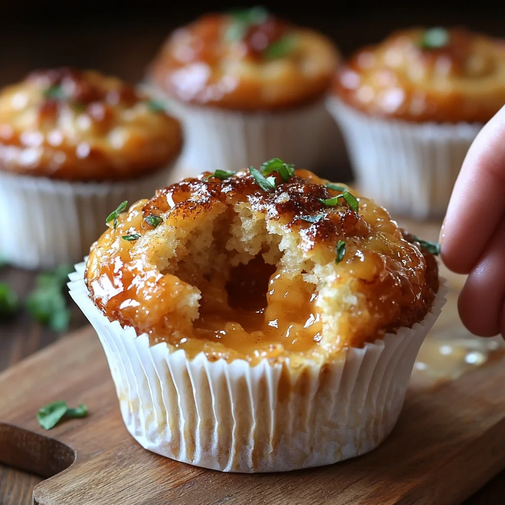 Golden homemade peach cobbler muffins with crumbly streusel topping and visible peach chunks in white ceramic dish