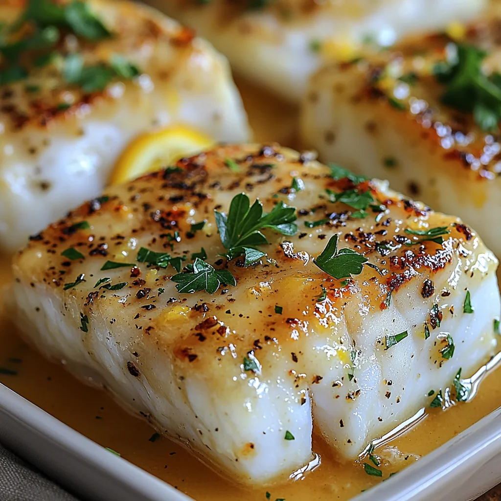 Lemon butter baked cod fillet with golden edges and creamy sauce dripping, garnished with fresh herbs in white dish