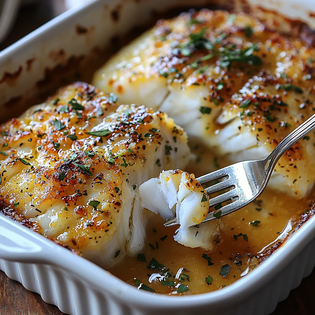 Lemon butter baked cod with golden edges, creamy sauce coating tender fish and potatoes, garnished with fresh herbs