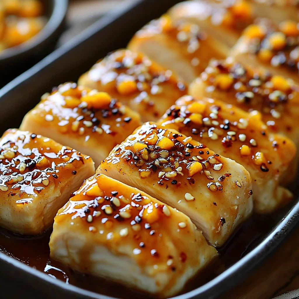 closeup of vibrant mango habanero honey garlic sauce coating golden roasted potatoes, garnished with fresh herbs
