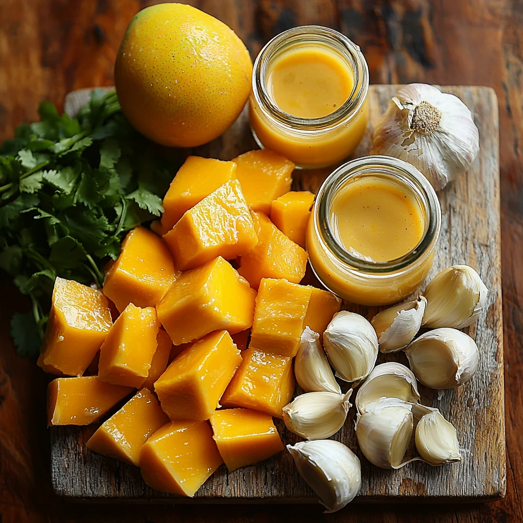 close-up of fresh mango, habanero peppers, honey, and garlic arranged on a rustic wooden board