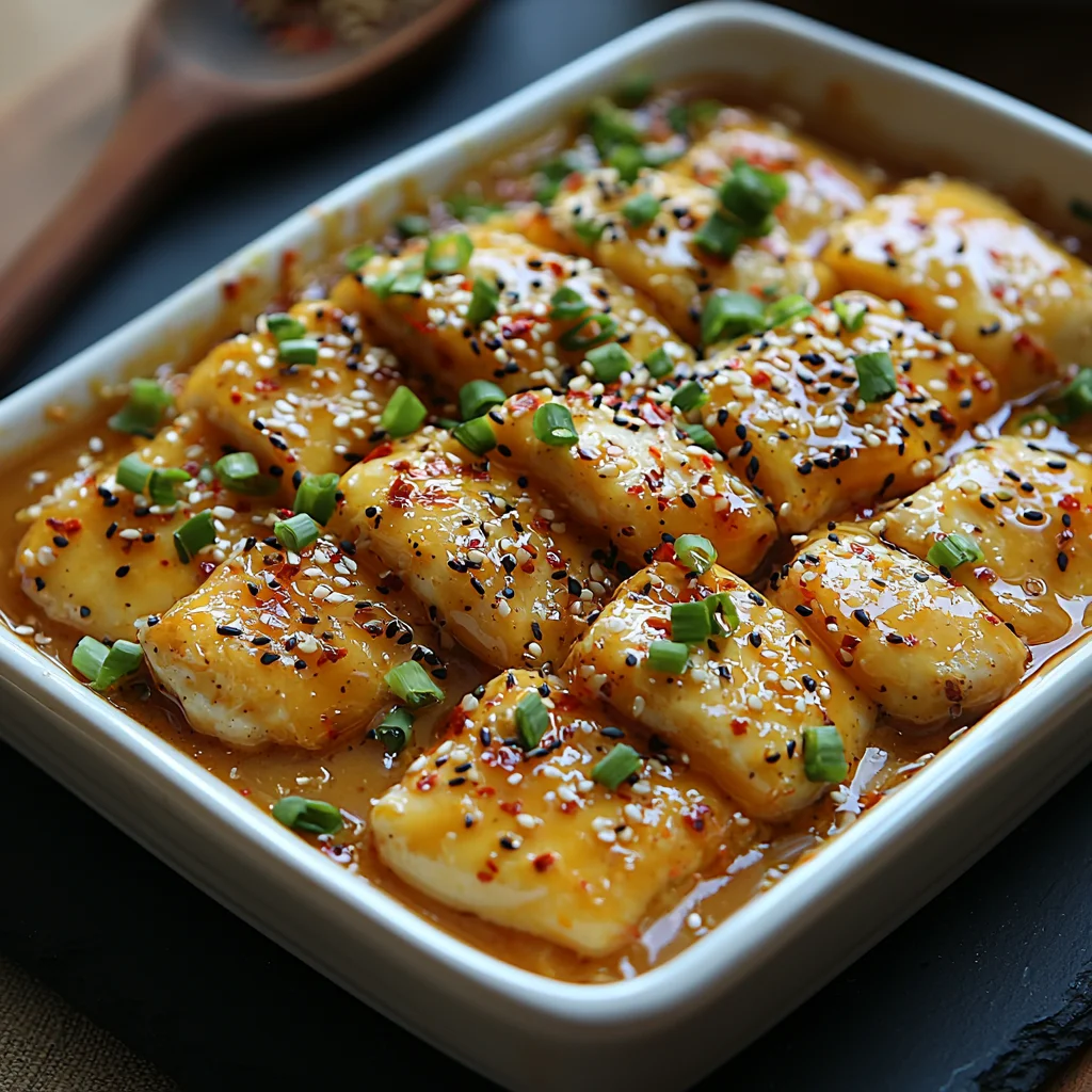 creamy mango habanero honey garlic sauce coating roasted potatoes, garnished with fresh parsley