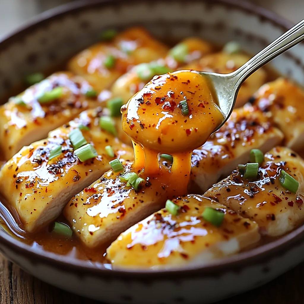 glossy mango habanero honey garlic sauce drizzled over roasted potatoes in a white ceramic dish