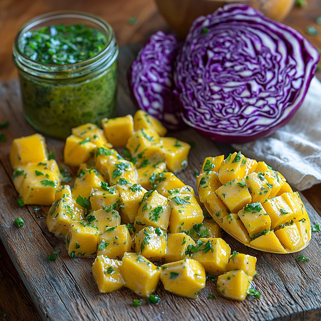 fresh mango slaw with shredded cabbage, carrots, and cilantro in a creamy dressing, vibrant colors