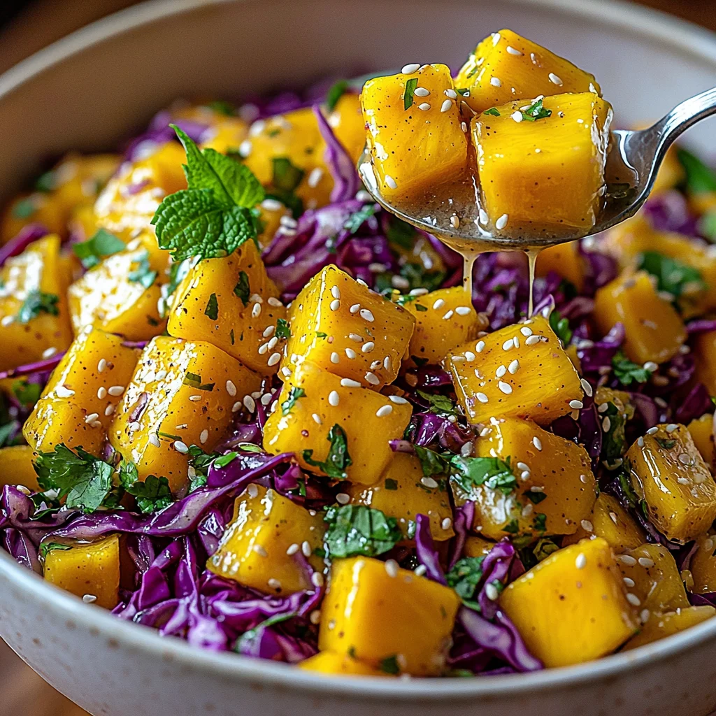 colorful mango slaw with shredded cabbage, carrot ribbons and fresh cilantro in white bowl