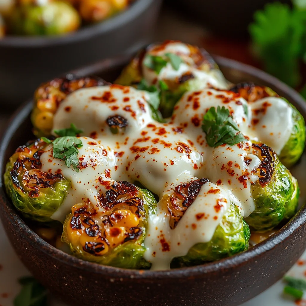 creamy Mexican street corn Brussels sprouts with golden roasted edges and fresh cilantro in a white ceramic dish