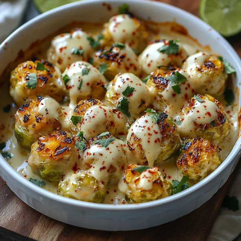 Golden roasted Mexican street corn Brussels sprouts coated in creamy sauce with fresh herbs scattered on top