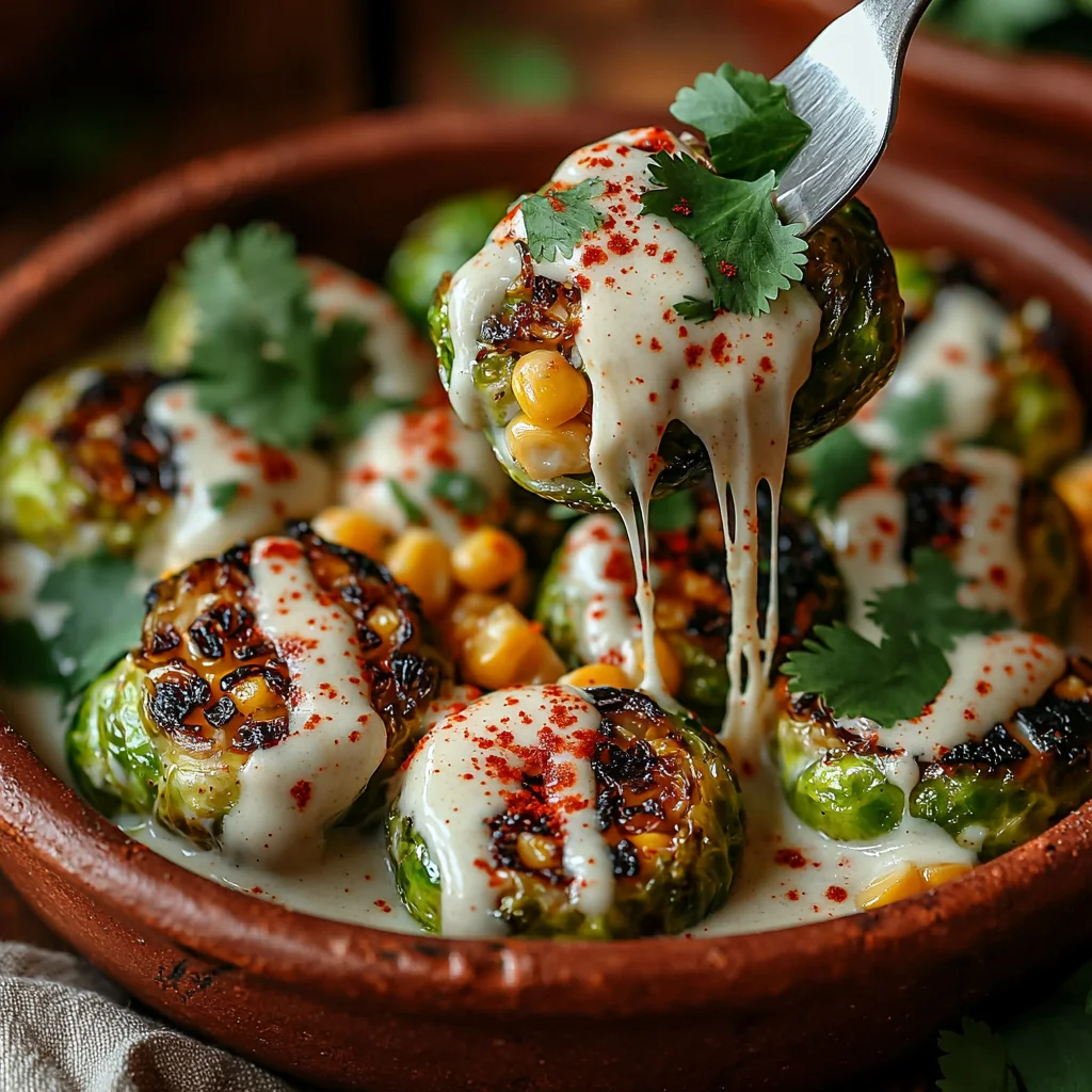 golden-roasted Mexican Street Corn Brussels Sprouts coated in creamy sauce, garnished with fresh herbs