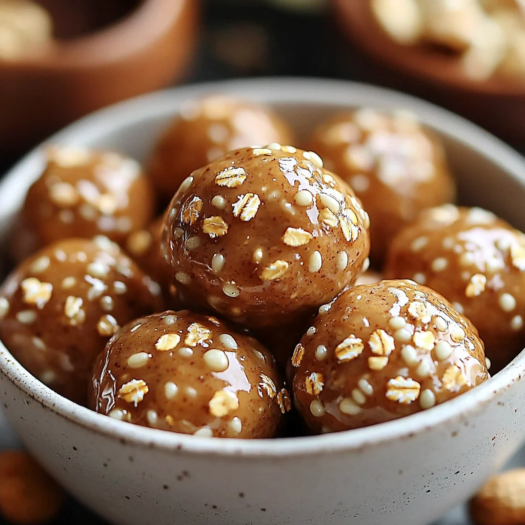 Closeup of No-Bake Peanut Butter Protein Balls with glossy peanut butter coating and rich textures