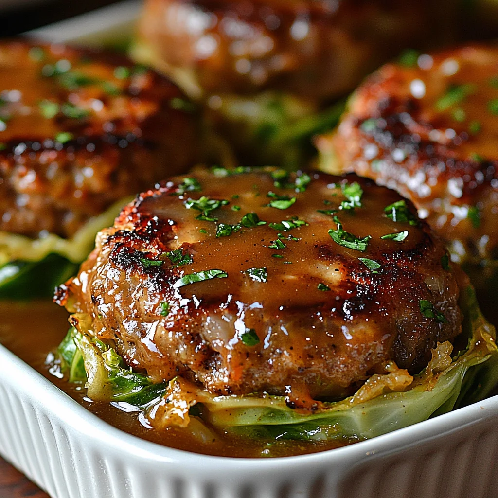 Golden-brown oven-baked cabbage burgers with melted cheese and caramelized edges in white ceramic baking dish
