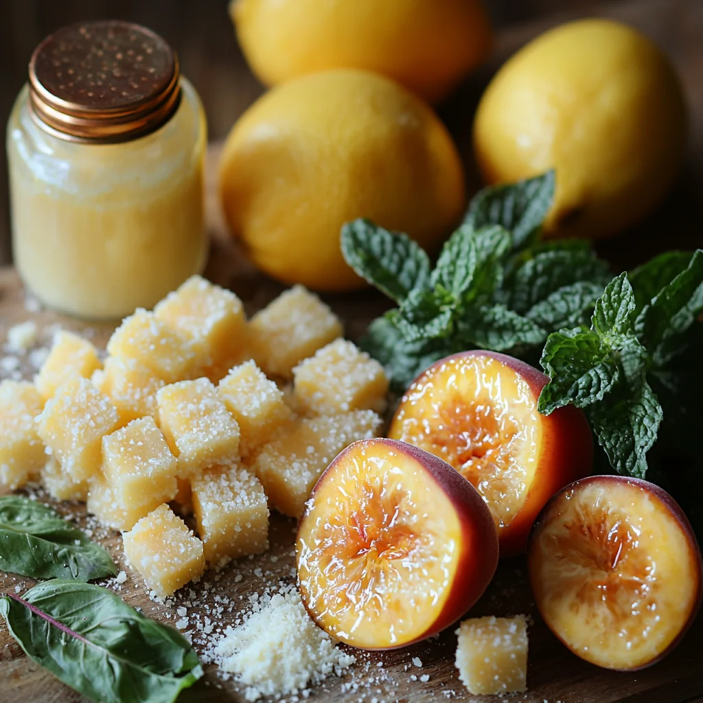 Fresh ripe peaches, black tea bags, and sugar arranged on marble counter for homemade peach iced tea recipe