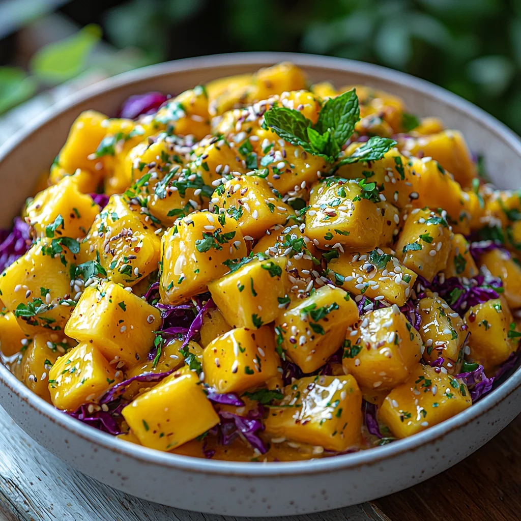 creamy mango slaw with fresh cabbage, shredded carrots, and vibrant cilantro in a white ceramic bowl
