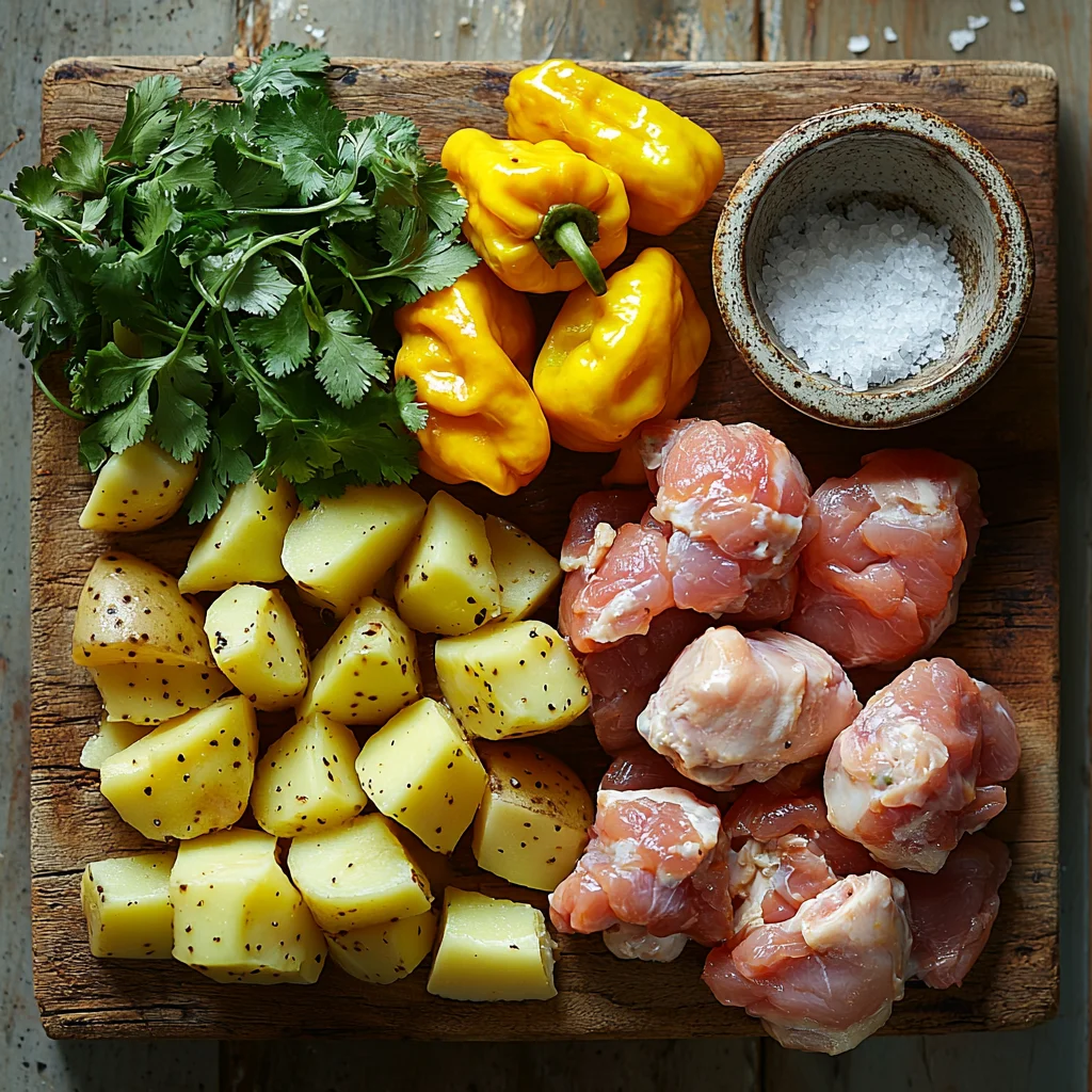 golden Peruvian chicken amarillo with creamy yellow sauce coating tender chicken and potatoes in a white ceramic dish