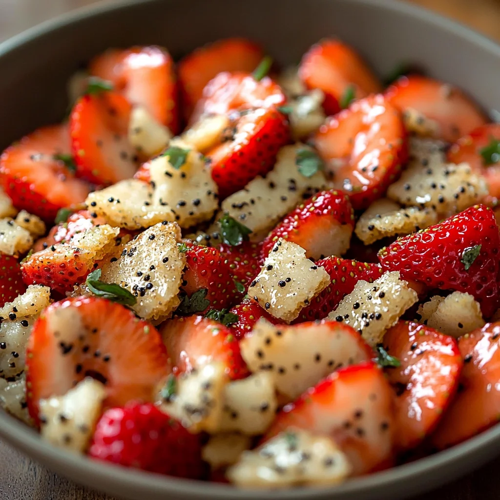 closeup of a creamy strawberry crackle salad with golden roasted edges and fresh herbs sprinkled on top