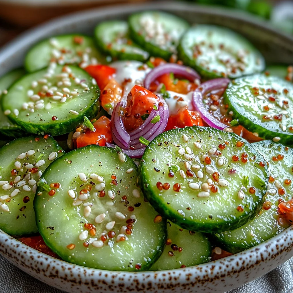 Closeup of Summer Cucumber Salad for Weight Loss with glossy dressing and fresh herbs