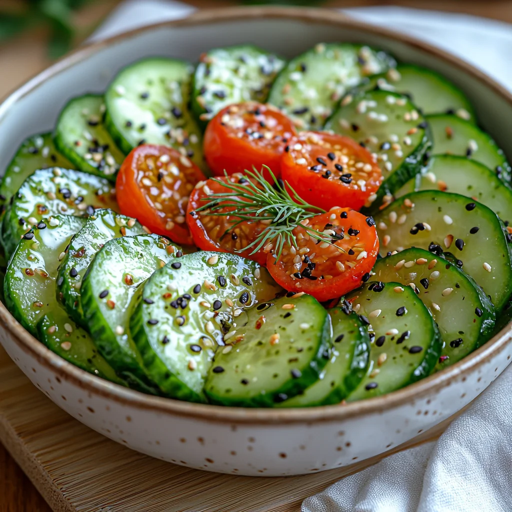 crisp cucumber salad with cherry tomatoes and fresh drizzled dressing in white bowl
