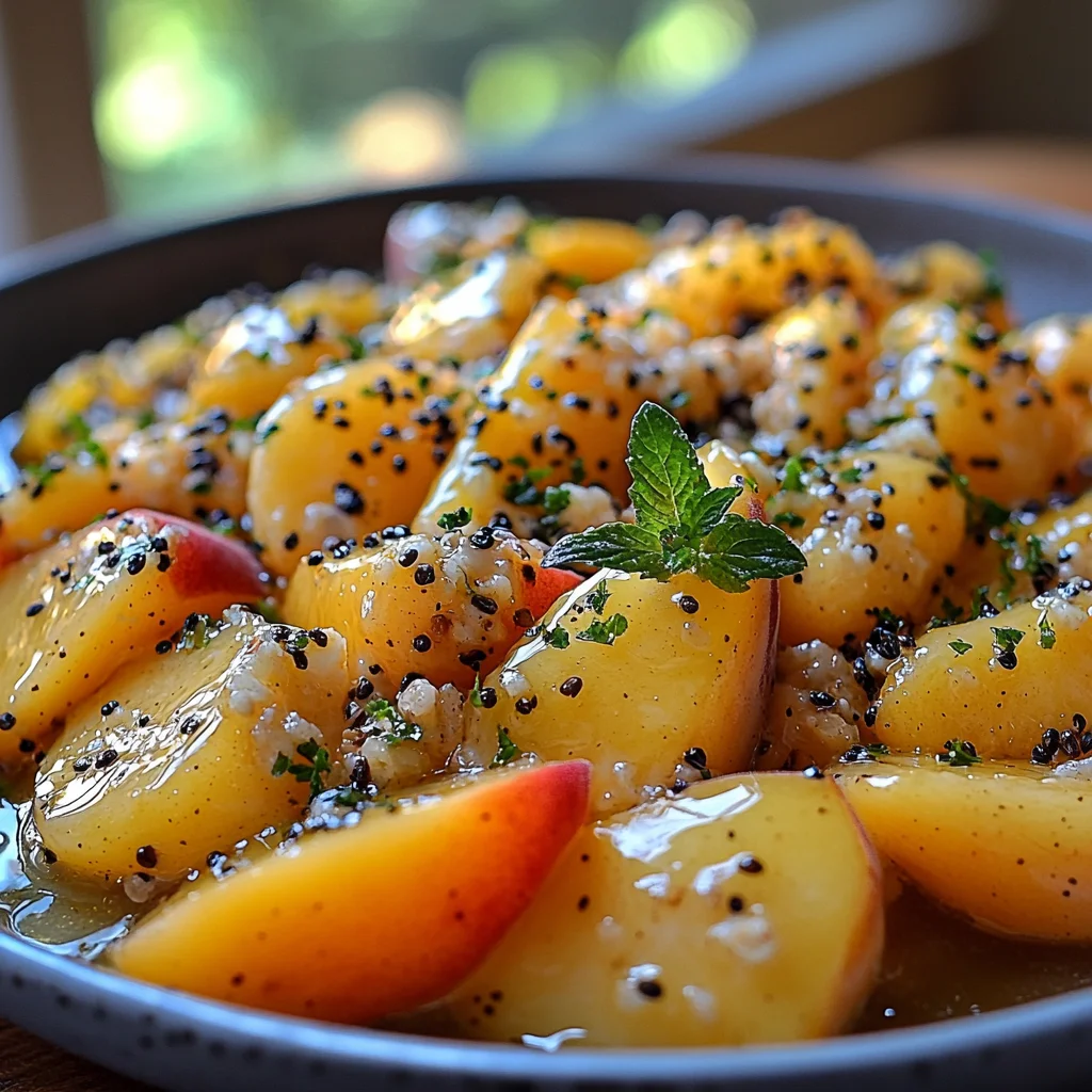 juicy summer peach fruit salad with ripe peaches, berries and mint leaves in white bowl