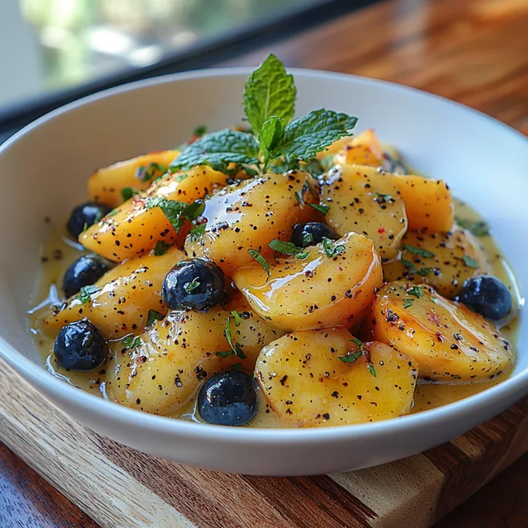 vibrant summer peach fruit salad with juicy peaches, berries, and mint in a white bowl, drizzled with honey