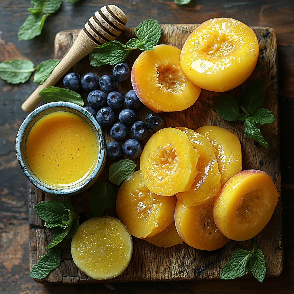 juicy summer peaches mixed with berries and mint in a white bowl, sunlight glistening on the fruit