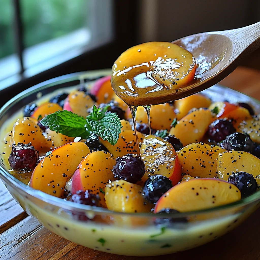 summer peach fruit salad in a white ceramic bowl with vibrant peaches, berries, and fresh mint leaves